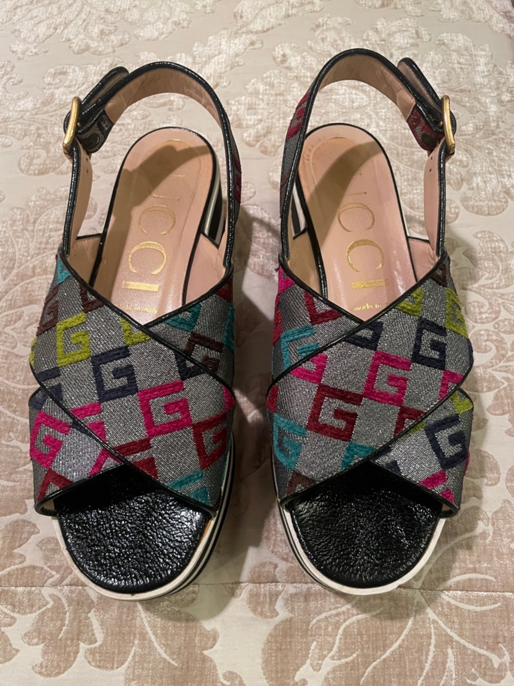 Gucci Multicolor GG Crossband Slingback Sandals with Black Trim